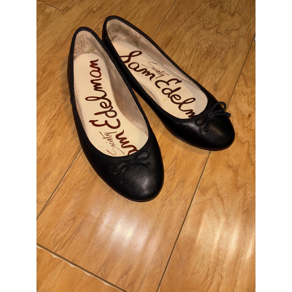 Sam Edelman Black Leather Ballet Flats with Bow Trim Size 7 Ballerina